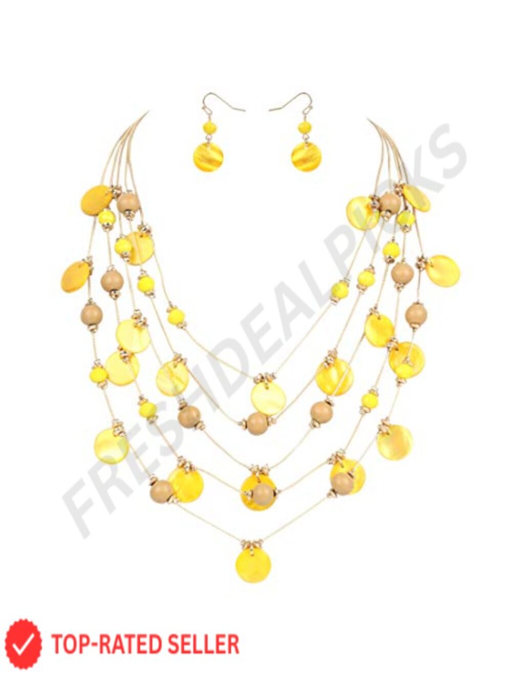 Multi-Layer Round Shell Wooden Beads Necklace Earrings Set